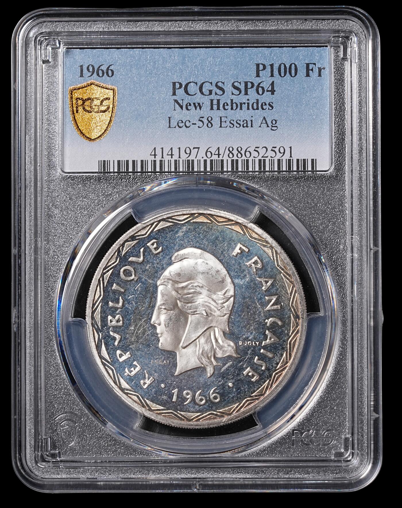 修遠堂世界钱币第四十六期 全场包邮 PCGS SP64 1970年新赫布里底群岛100法郎大型精制银样币 ESSAI