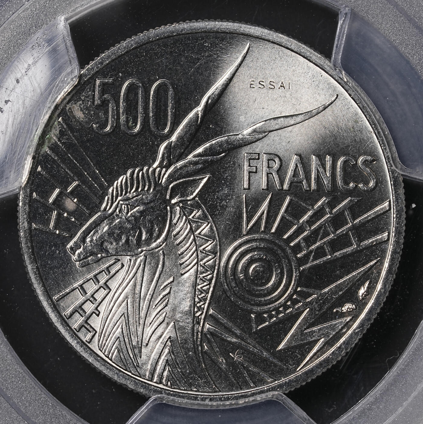 修遠堂世界钱币第四十六期 全场包邮 PCGS SP-UNCD  1976年中非500法郎样币 ESSAI 边缘轻微一处锈斑 可以养护去除