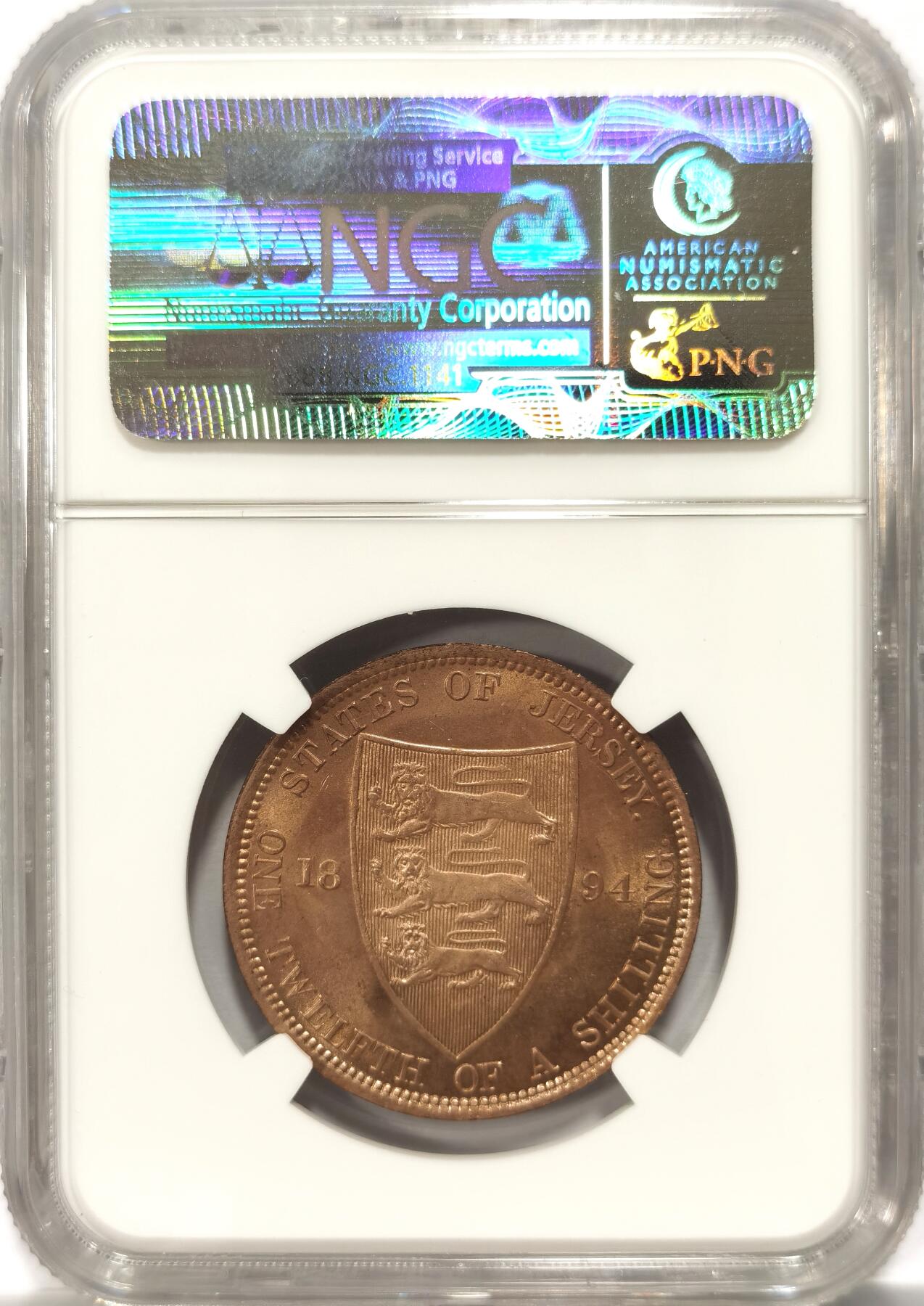 博洋堂世界钱币拍卖第098期（全场包邮） NGC MS66RD 英属泽西岛1894年1/12先令铜币，满红光冠军分！