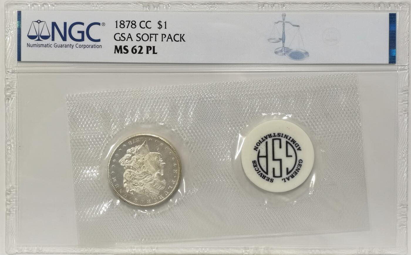 博洋堂世界钱币拍卖第098期（全场包邮） NGC MS62PL GSA SOFT PACK 1878CC首年卡森厂摩根，此GSA窖藏包装麦稀奇首见，1878CC也很少见