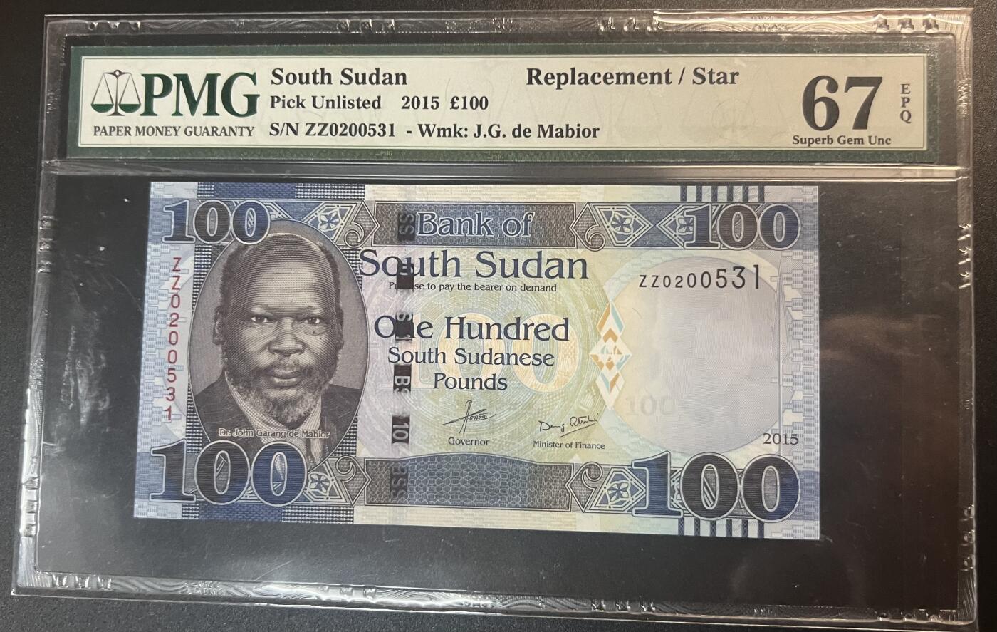 珑诚汇·乐淘淘 世界纸币拍卖 第32期 低佣场 『ZZ0200531』南苏丹2015年纸币 100镑 补号 无四七 PMG67EPQ