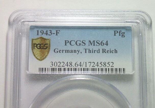 PCGS MS64 德国第三帝国1943年F版1芬尼 难得开卷原光