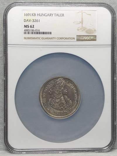 《竞宝斋》第324场 周日，周一，2场连拍 （全场包邮） - NGC MS62 神圣罗马帝国1691年利奥博德一世1泰勒大银币。超常规尺寸的泰勒，匈牙利铸造，不是常见的版本，正面人头跟背面鹰徽完全不一样。好味道。加大盒装，边有损。