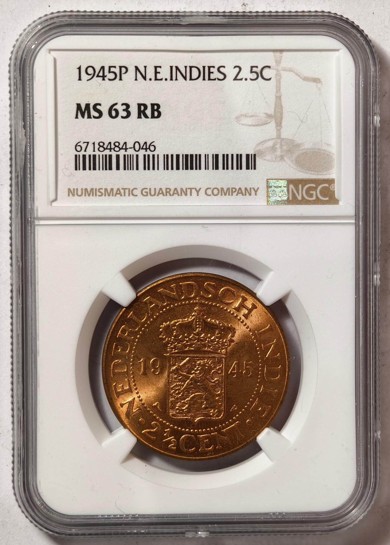 紫瑗钱币——第452期 荷属东印度 1945年 P版 2.5分 铜币 NGC MS63 RB