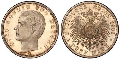 《竞宝斋》第324场 周日，周一，2场连拍 （全场包邮） - 冠军分 PCGS PR64CAM 德国 1901 巴伐利亚 奥托精制5马克银币 精品不可错过
