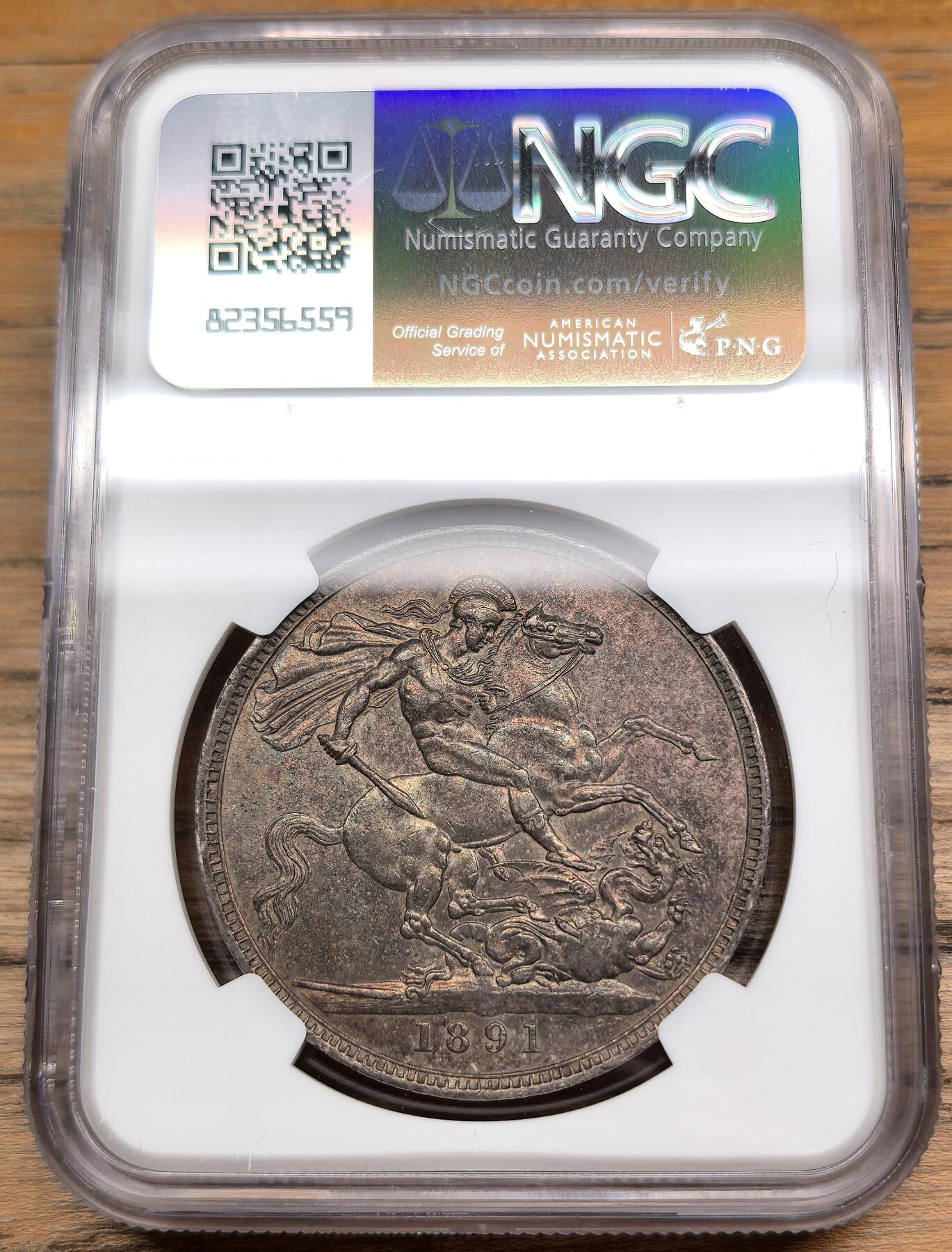 凡希社世界钱币微拍第二百八十八期迷你精品拍 1891英国老维高冠马剑大银NGC-MS61，油彩，厚重迷人的一枚。