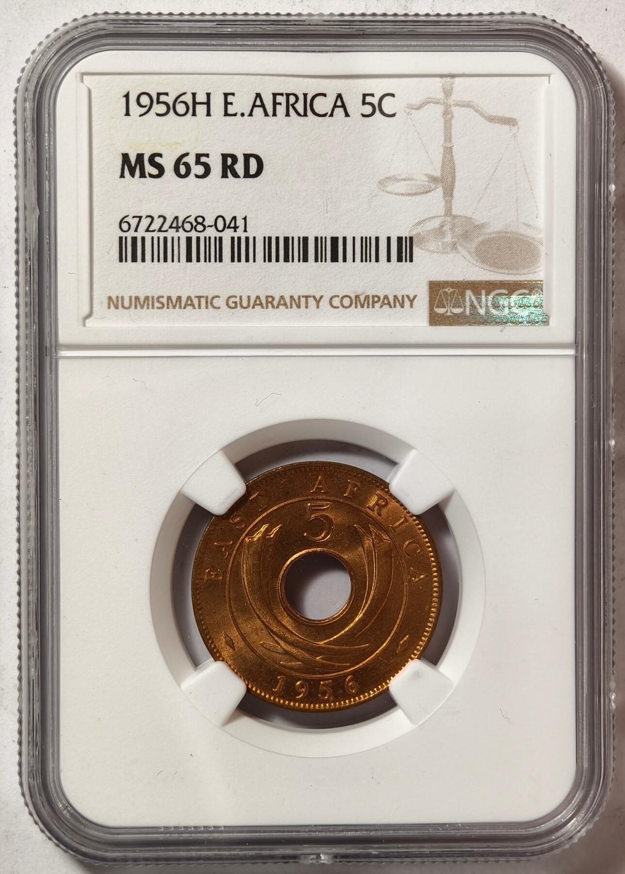 紫瑗钱币——第452期 英属东非 1956年 H版 伊丽莎白二世 5分 红铜币 NGC MS65 RD