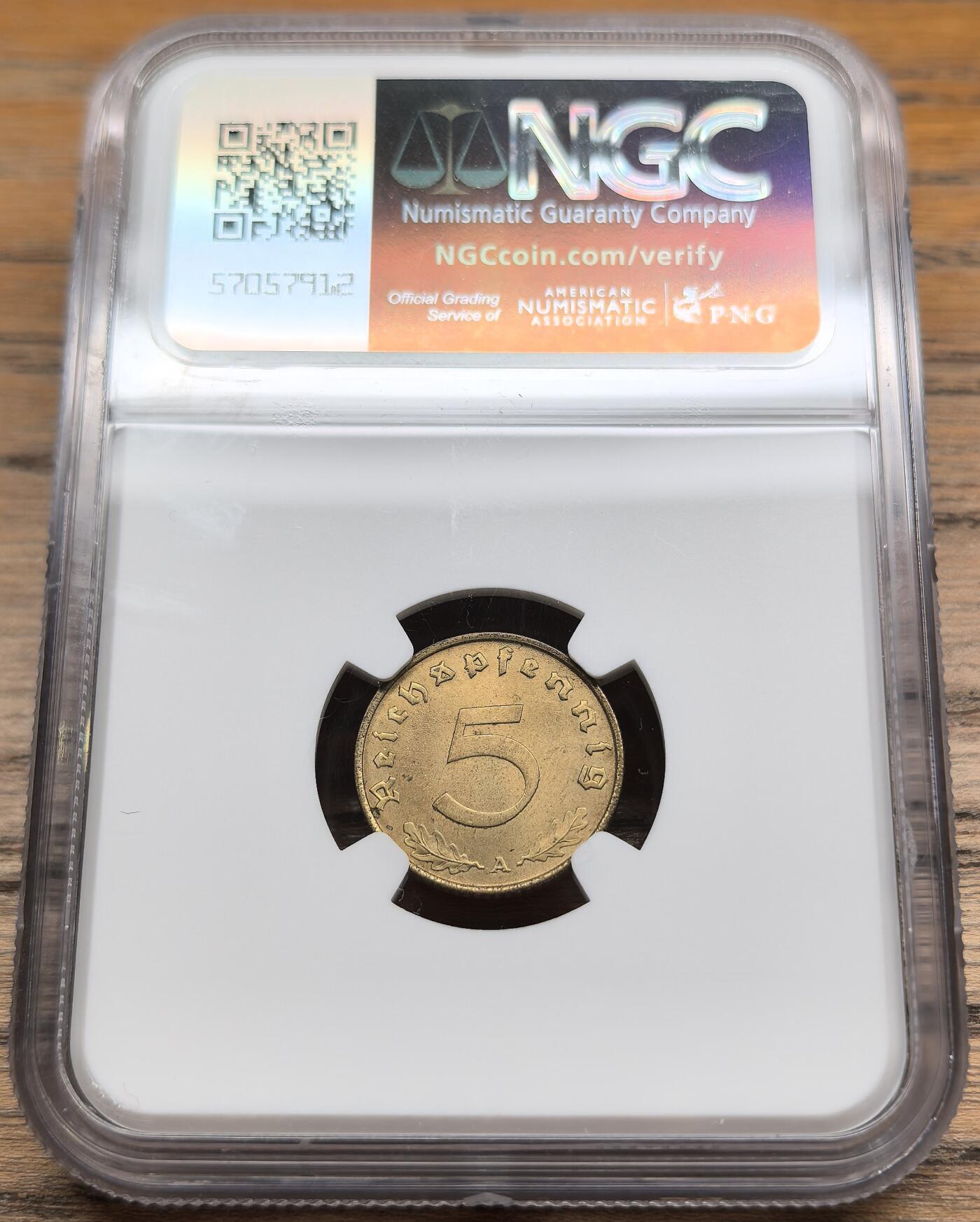 凡希社世界钱币微拍第二百八十八期迷你精品拍 1938A德国万字5芬尼黄铜币NGC-MS65