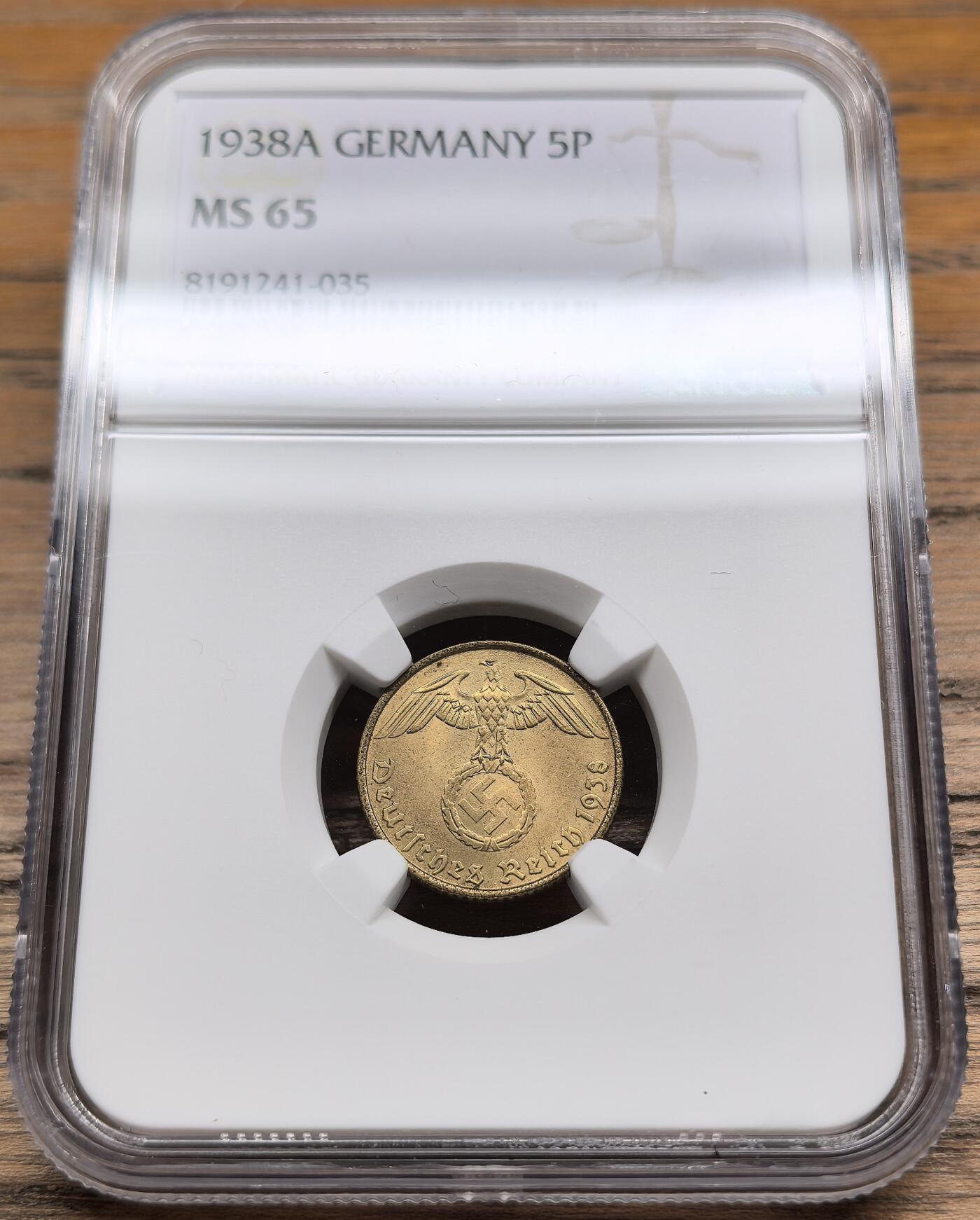 凡希社世界钱币微拍第二百八十八期迷你精品拍 1938A德国万字5芬尼黄铜币NGC-MS65