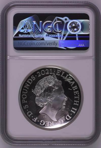 S&S Numismatic世界钱币-拍卖 第126期  英国2021年 皇家阿尔伯特音乐厅150周年 5英镑弧形精制纪念银币 NGC PF70UC首期蓝标，冠军分，英国皇家造币厂第一枚弧形币，盒证齐全