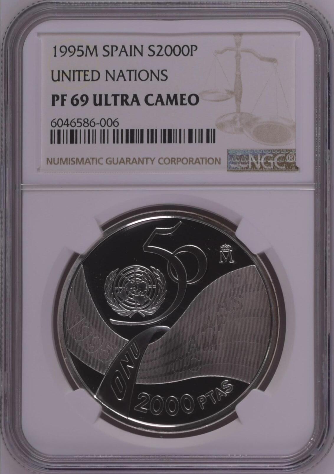 S&S Numismatic世界钱币-拍卖 第114期  西班牙1995年 联合国成立50周年 2000比塞塔精制纪念银币 NGC PF69UC 冠军分