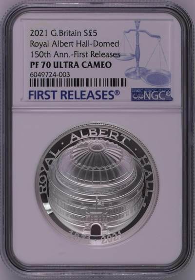S&S Numismatic世界钱币-拍卖 第126期  英国2021年 皇家阿尔伯特音乐厅150周年 5英镑弧形精制纪念银币 NGC PF70UC首期蓝标，冠军分，英国皇家造币厂第一枚弧形币，盒证齐全