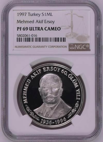 S&S Numismatic世界钱币-拍卖 第114期  - 土耳其1997年 国歌作者-穆罕默德·阿基夫·埃尔索伊 1百万里拉精制纪念银币 NGC PF69UC冠军分