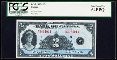 【Blue Auction】✨世界纸币精拍第572期【精】 - 加拿大 早期 1935年2元 英国王后和印度皇后&英国国王乔治五世之妻——玛丽王后（经历英国6位君主的王位交替，见证了英国的盛势与陨落） 背面墨丘利和当时各种交通工具 雕刻精美 PCGS64EPQ绿标 原票 小女王同套纸币 