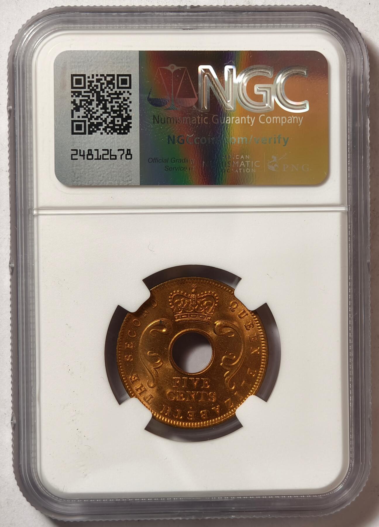 紫瑗钱币——第452期 英属东非 1956年 H版 伊丽莎白二世 5分 红铜币 NGC MS65 RD
