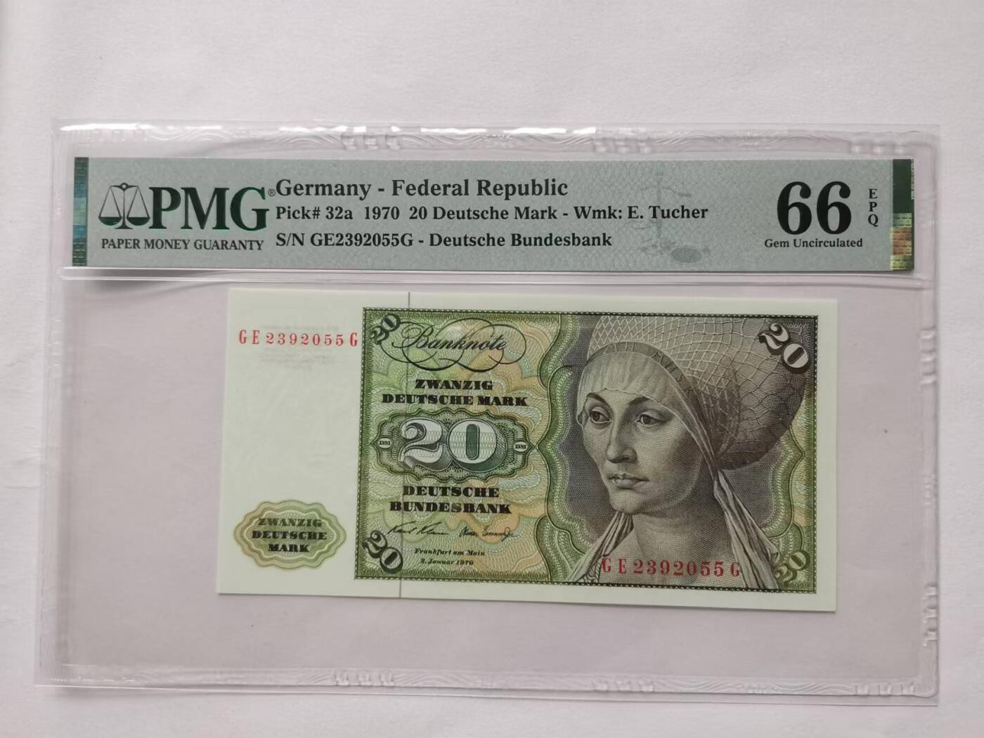 德国1970年20马克纸币全新品PMG66EPQ