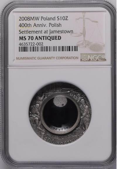 S&S Numismatic世界钱币-拍卖 第114期  - 获奖币*波兰2008年 北美移居400周年 10兹罗提镶嵌玻璃纪念银币 NGC MS70冠军分
