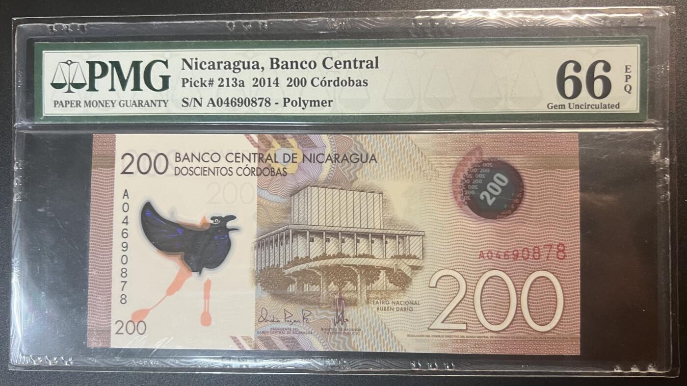 珑诚汇·乐淘淘 世界纸币拍卖 第32期 低佣场 『A04690878』尼加拉瓜2014年塑料钞 200科多巴 A冠 PMG66EPQ