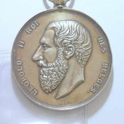 比利时1883年 利奥波德二世高浮雕精制大银章 50MM 39克 - 比利时1883年 利奥波德二世高浮雕精制大银章 50MM 39克