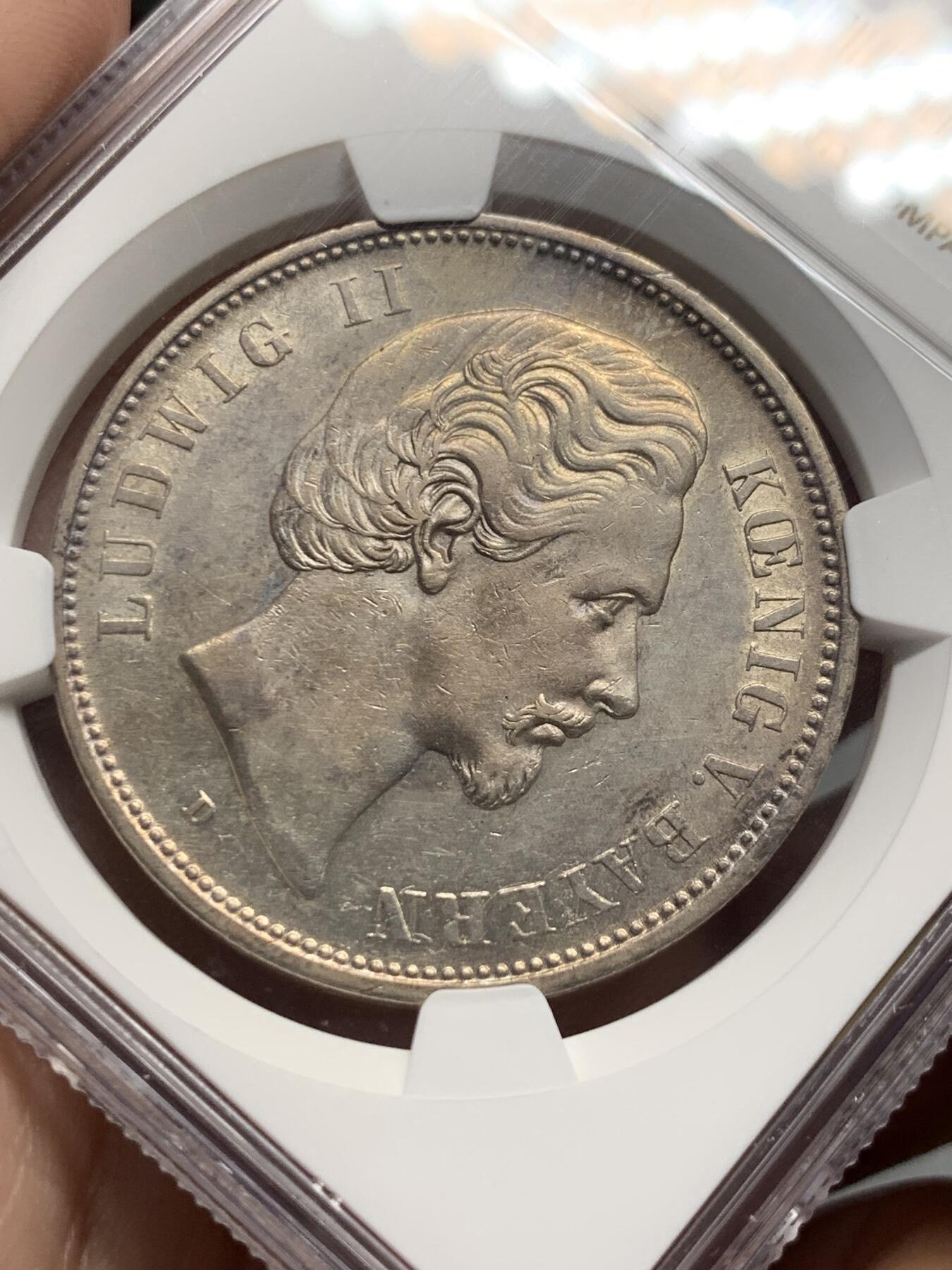 《竞宝斋》第325场 周日，周一，2场连拍 （全场包邮） NGC AU58 德国 巴伐利亚1876年 路德维希二世5马克银币 流通充分 58分也比较难得