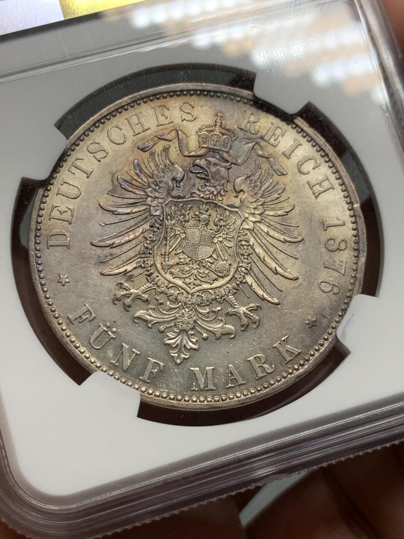 《竞宝斋》第325场 周日，周一，2场连拍 （全场包邮） NGC AU58 德国 巴伐利亚1876年 路德维希二世5马克银币 流通充分 58分也比较难得
