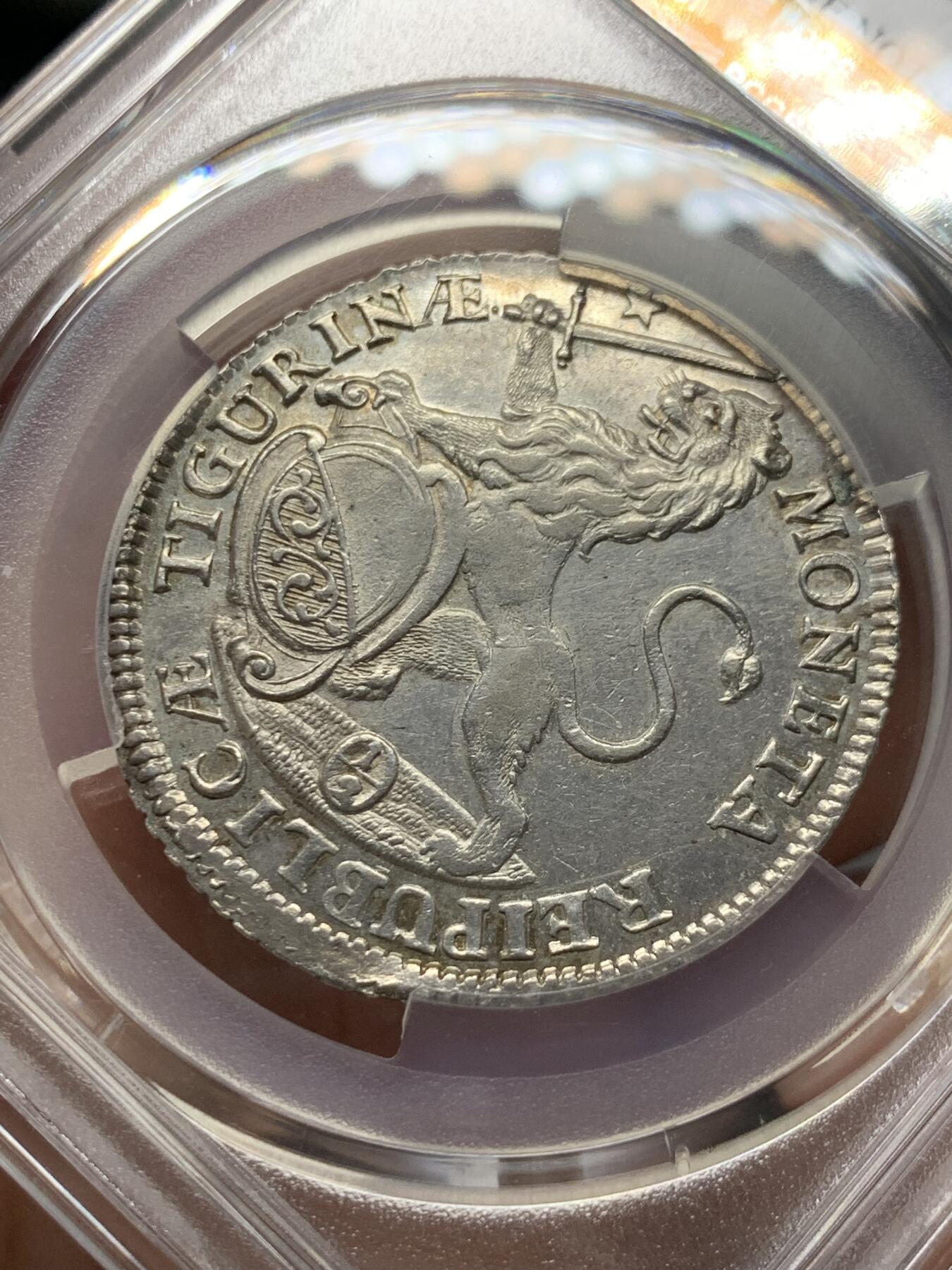 《竞宝斋》第325场 周日，周一，2场连拍 （全场包邮） PCGS UNC 瑞士 1753年 苏黎世景观 1/2泰勒银币 打制的非常好