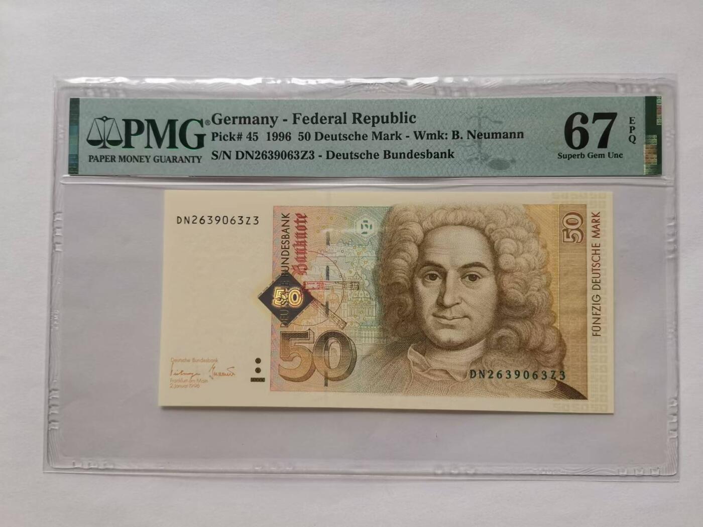 德国1996年50马克纸币全新品PMG67EPQ全程无4