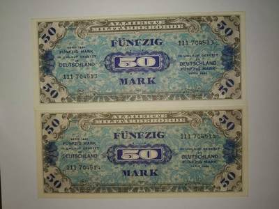 德国1944年50马克纸币盟军军票2连号全新品 - 德国1944年50马克纸币盟军军票2连号全新品