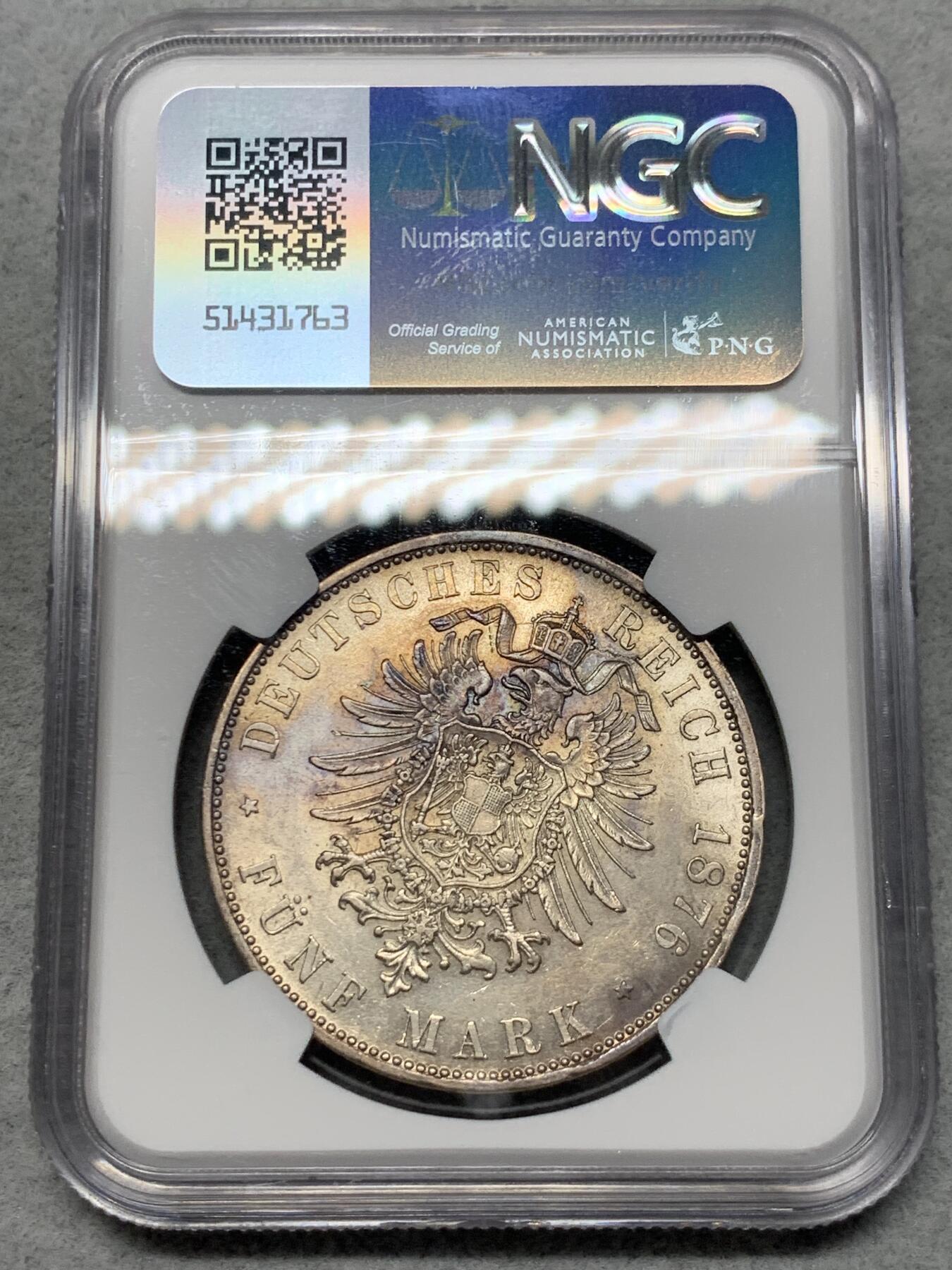 《竞宝斋》第325场 周日，周一，2场连拍 （全场包邮） NGC AU58 德国 巴伐利亚1876年 路德维希二世5马克银币 流通充分 58分也比较难得