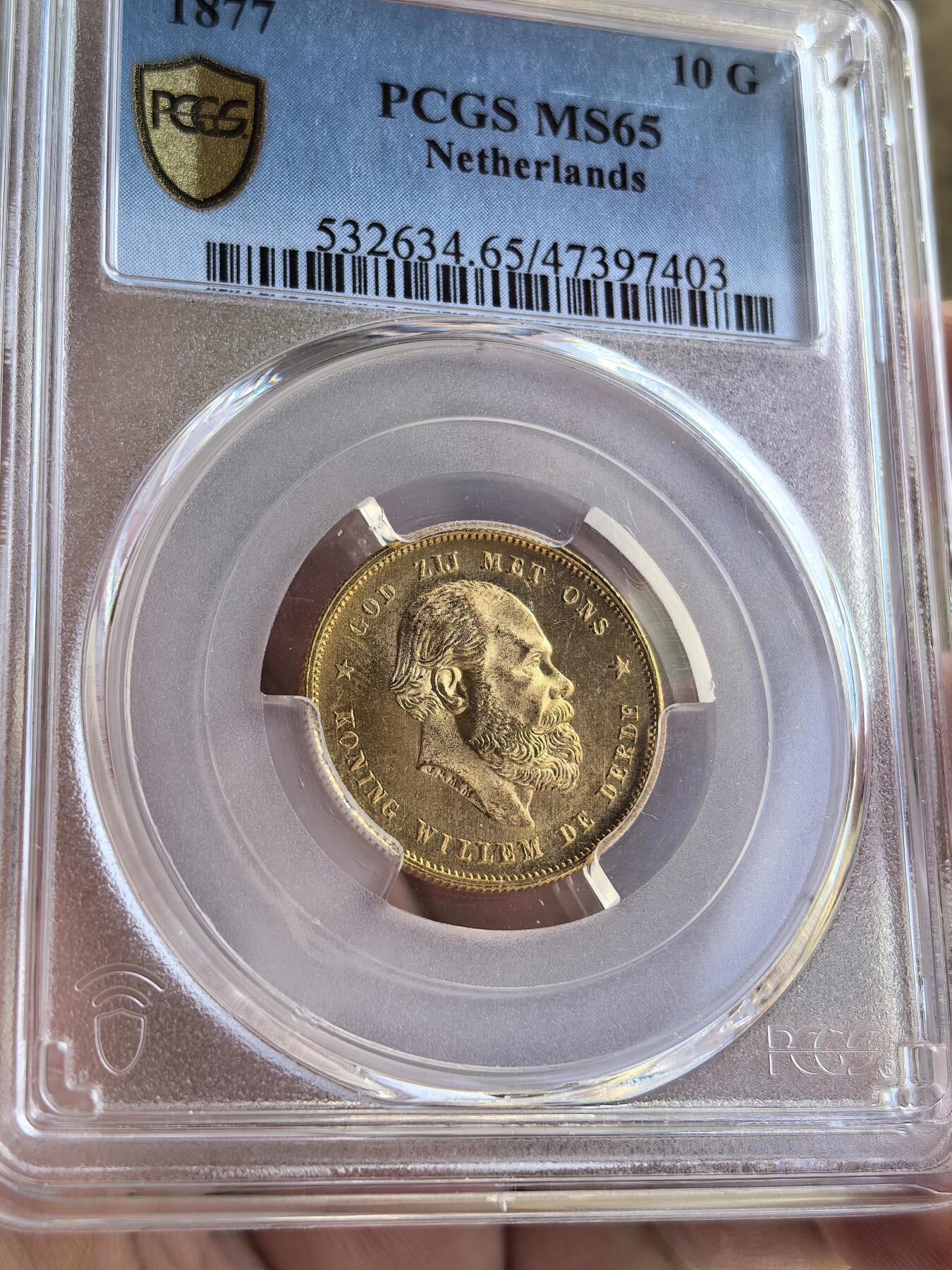 博洋堂世界钱币拍卖第099期（全场包邮） PCGS MS65 荷兰1877年威廉三世10盾金币，状态堪比66分