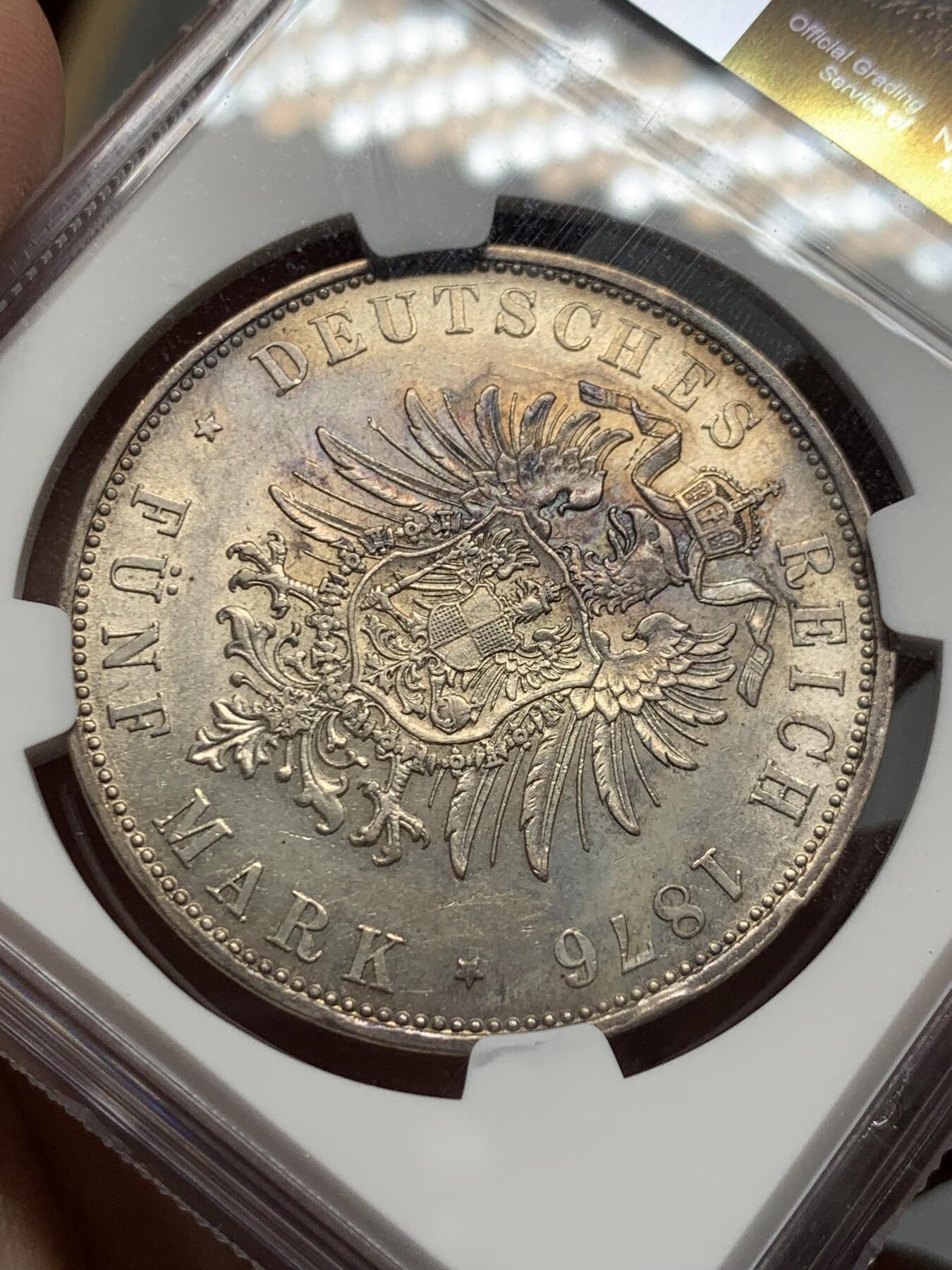 《竞宝斋》第325场 周日，周一，2场连拍 （全场包邮） NGC AU58 德国 巴伐利亚1876年 路德维希二世5马克银币 流通充分 58分也比较难得