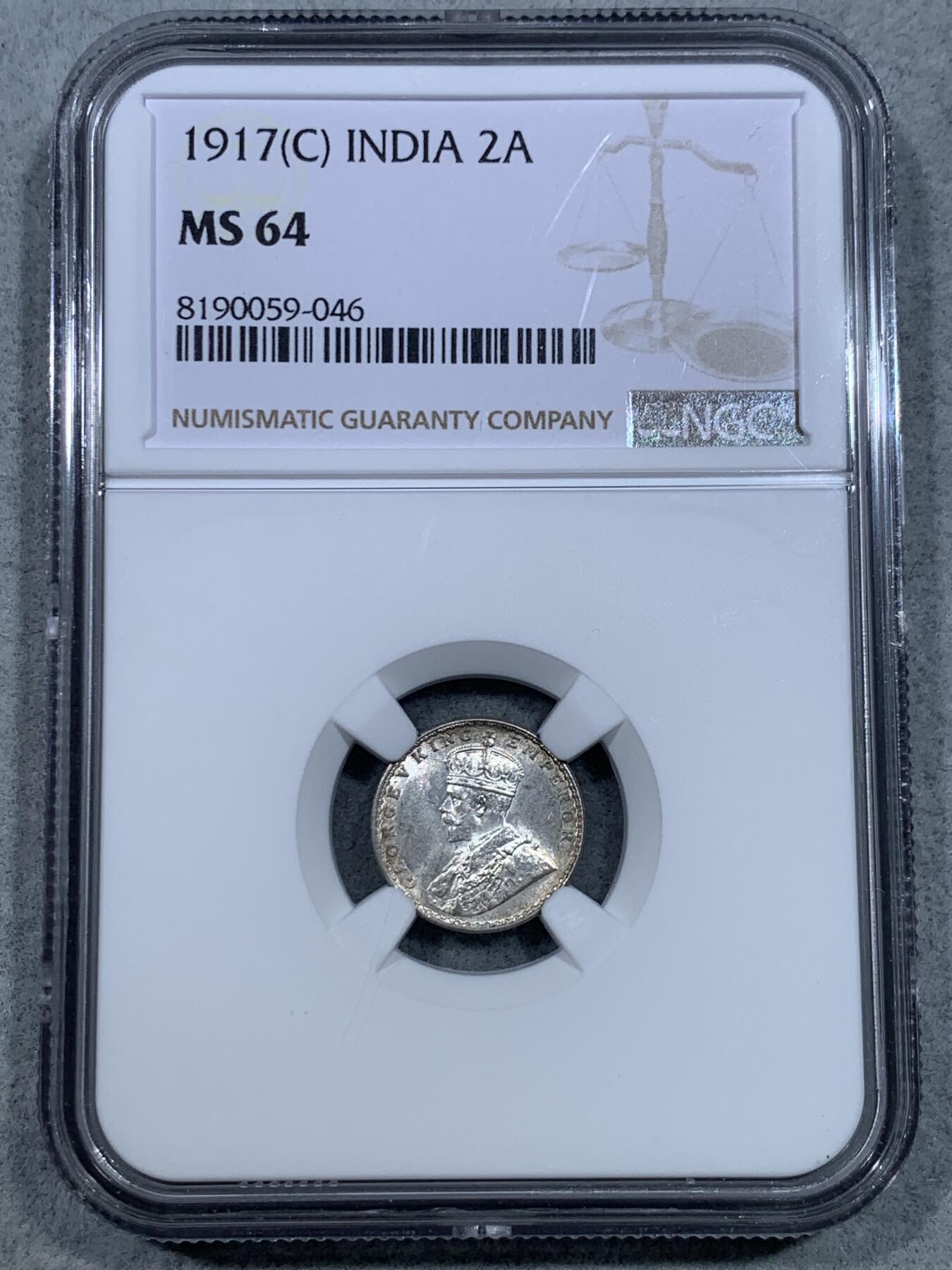 《竞宝斋》第325场 周日，周一，2场连拍 （全场包邮） NGC MS64 乔治五世印度2安娜银币  高分小币很难得  比大卢比要少很多