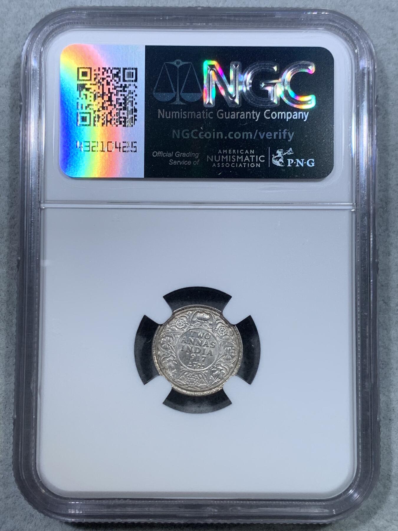 《竞宝斋》第325场 周日，周一，2场连拍 （全场包邮） NGC MS64 乔治五世印度2安娜银币  高分小币很难得  比大卢比要少很多