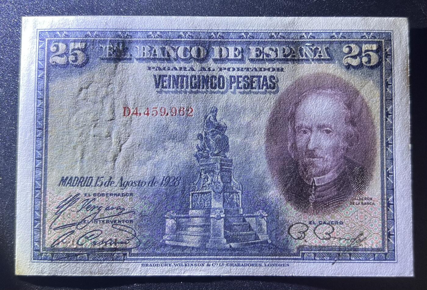 珑诚汇·乐淘淘 世界纸币拍卖 第32期 低佣场 『D4 459 962』西班牙1928年纸币 25比塞塔 轻微角钝 角轻微荧光反应 UNC