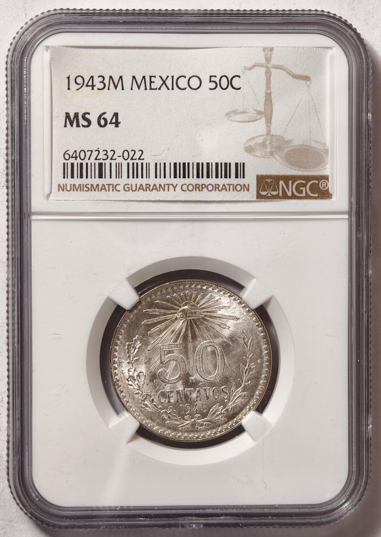 紫瑗钱币——第472期 墨西哥 1943年 M版 鹰洋 50分 银币 NGC MS64