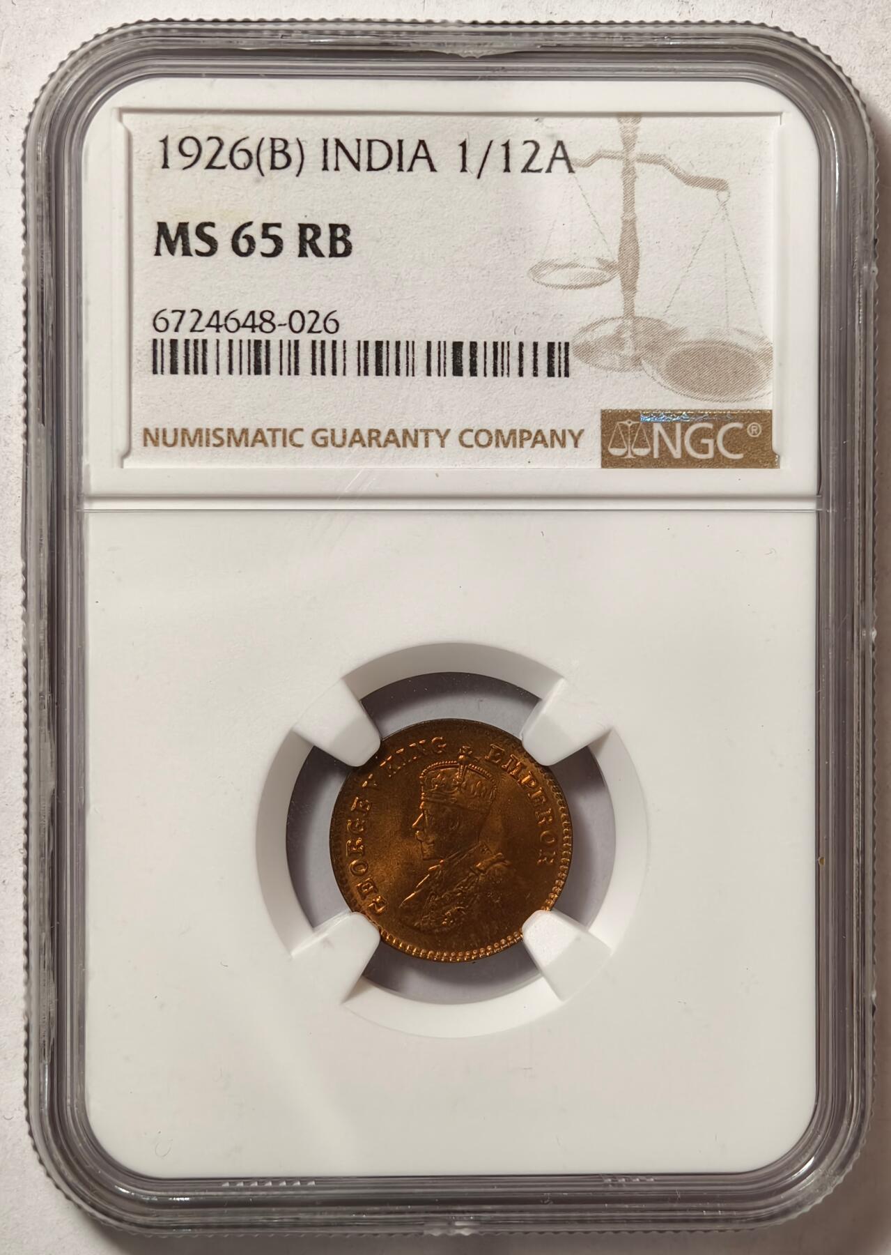 紫瑗钱币——第472期 英属印度 1926年 B版 乔治五世 1/12安娜 铜币 NGC MS65 RB