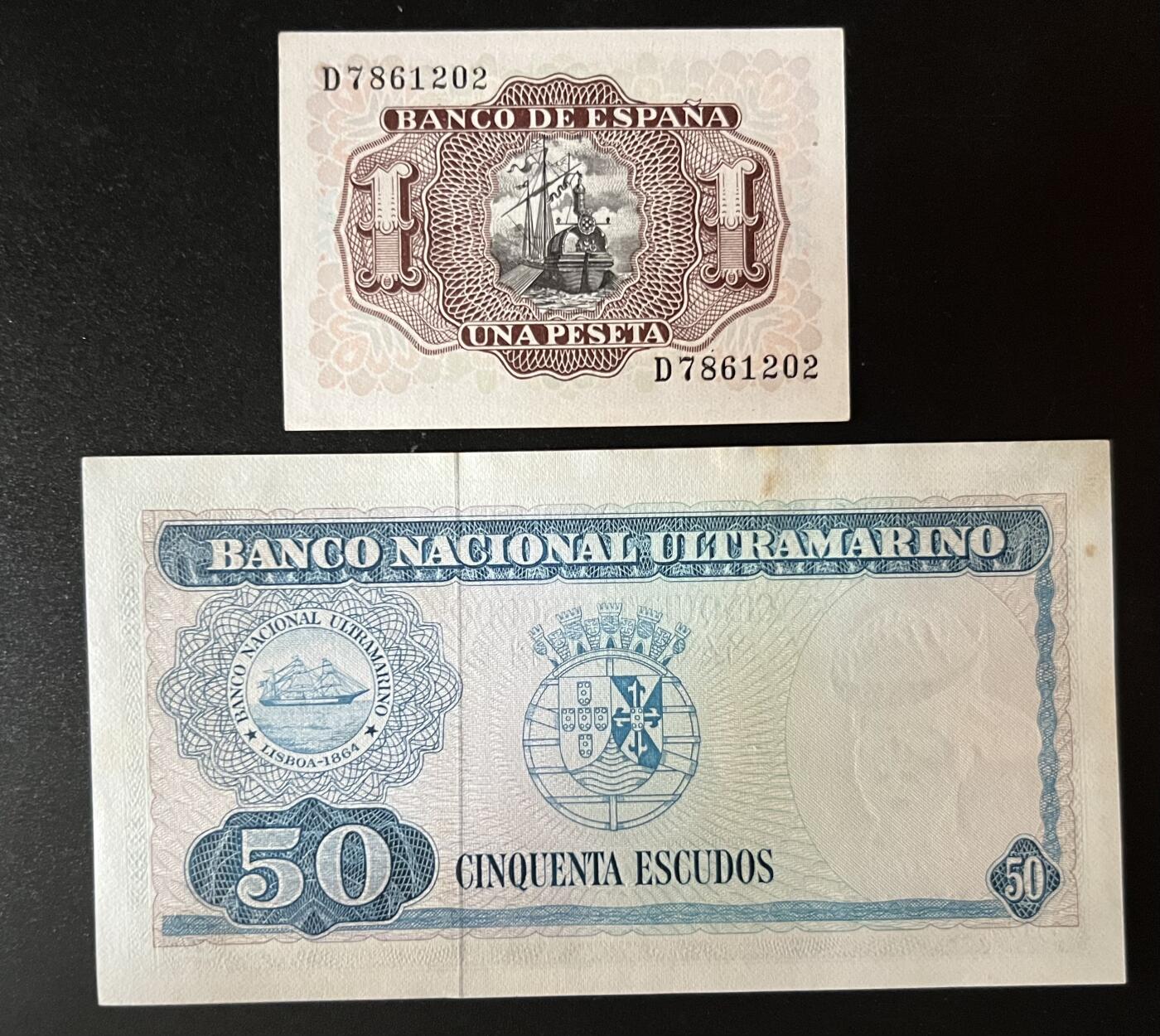 珑诚汇·乐淘淘 世界纸币拍卖 第32期 低佣场 西班牙1953年1比塞塔&东帝汶1967年50埃斯库多 有黄斑 UNC