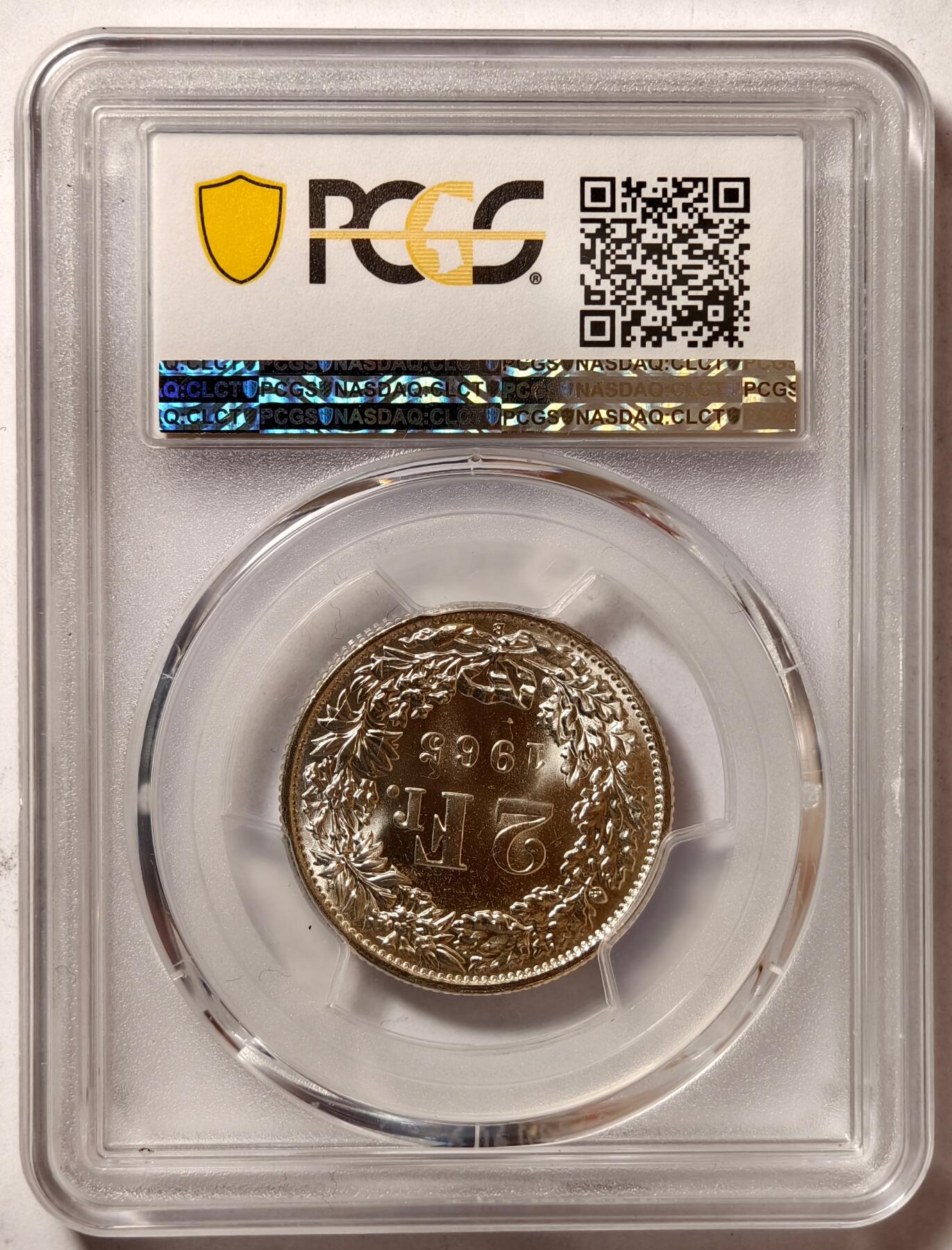 紫瑗钱币——第472期 瑞士 1965年 B版 赫尔维蒂亚 2法郎 银币 PCGS MS66