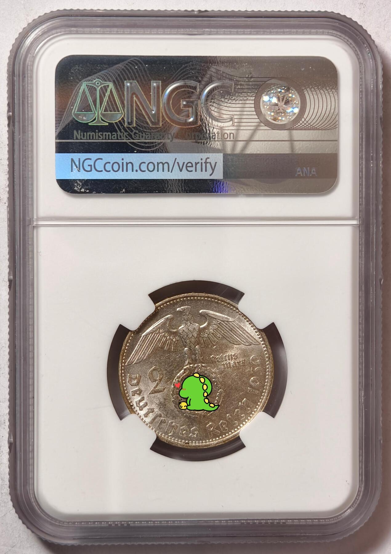 紫瑗钱币——第472期  德国 1939年 D版 兴登堡 字符 2马克 银币 NGC MS62