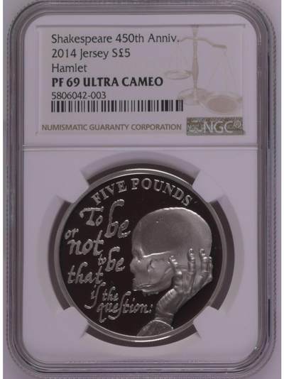 S&S Numismatic世界钱币-拍卖 第114期  - 泽西岛2014年 威廉·莎士比亚诞辰450周年-哈姆雷特 5英镑精制纪念银币 NGC PF69UC