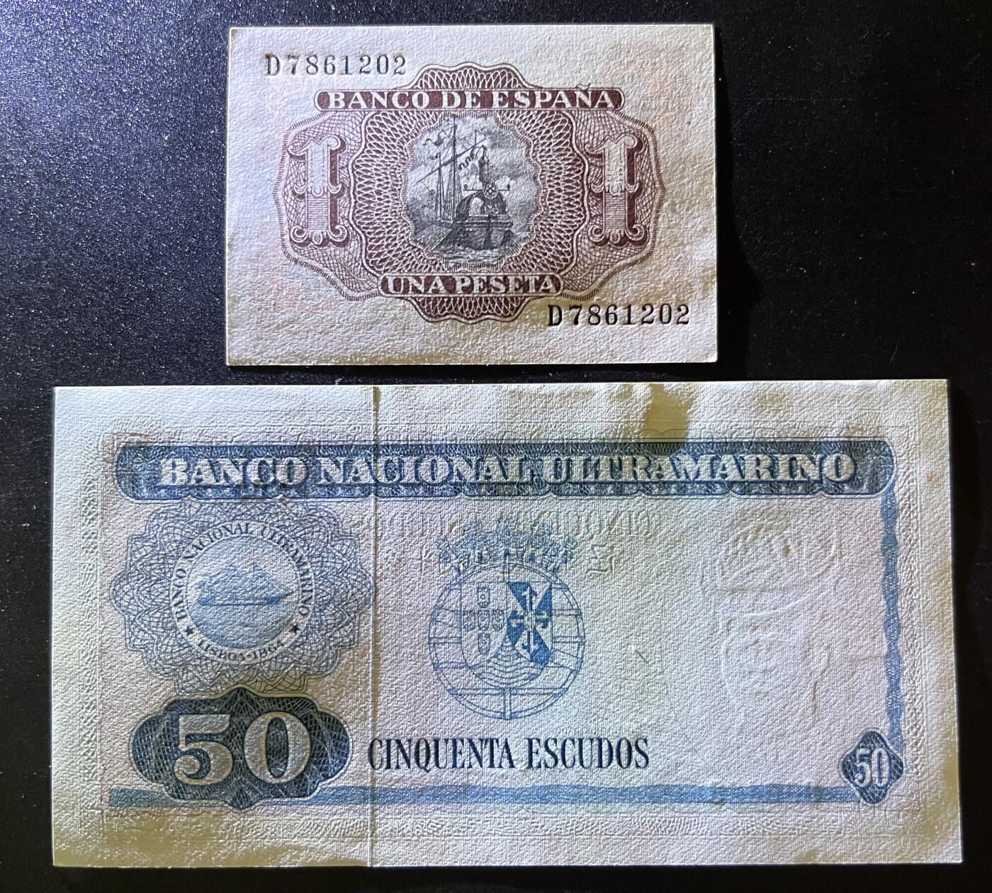 珑诚汇·乐淘淘 世界纸币拍卖 第32期 低佣场 西班牙1953年1比塞塔&东帝汶1967年50埃斯库多 有黄斑 UNC