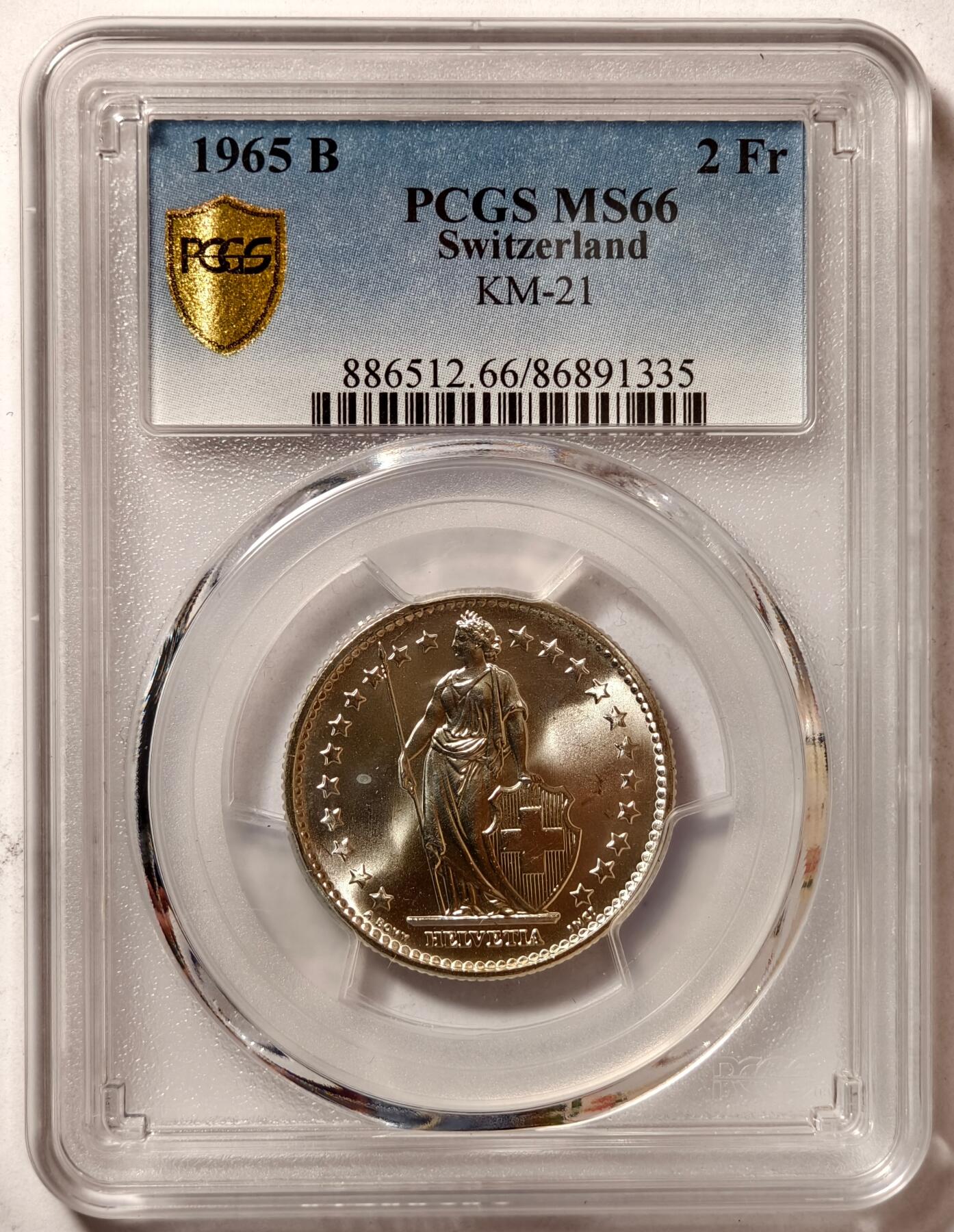 紫瑗钱币——第472期 瑞士 1965年 B版 赫尔维蒂亚 2法郎 银币 PCGS MS66