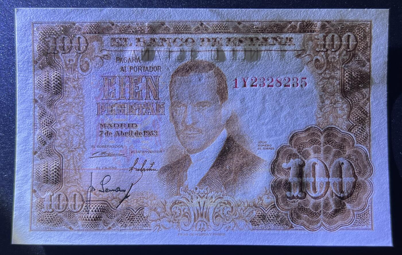 珑诚汇·乐淘淘 世界纸币拍卖 第32期 低佣场 『1Y2328235』西班牙1953年纸币 100比塞塔 无四七 精美大票幅 轻微压痕 UNC