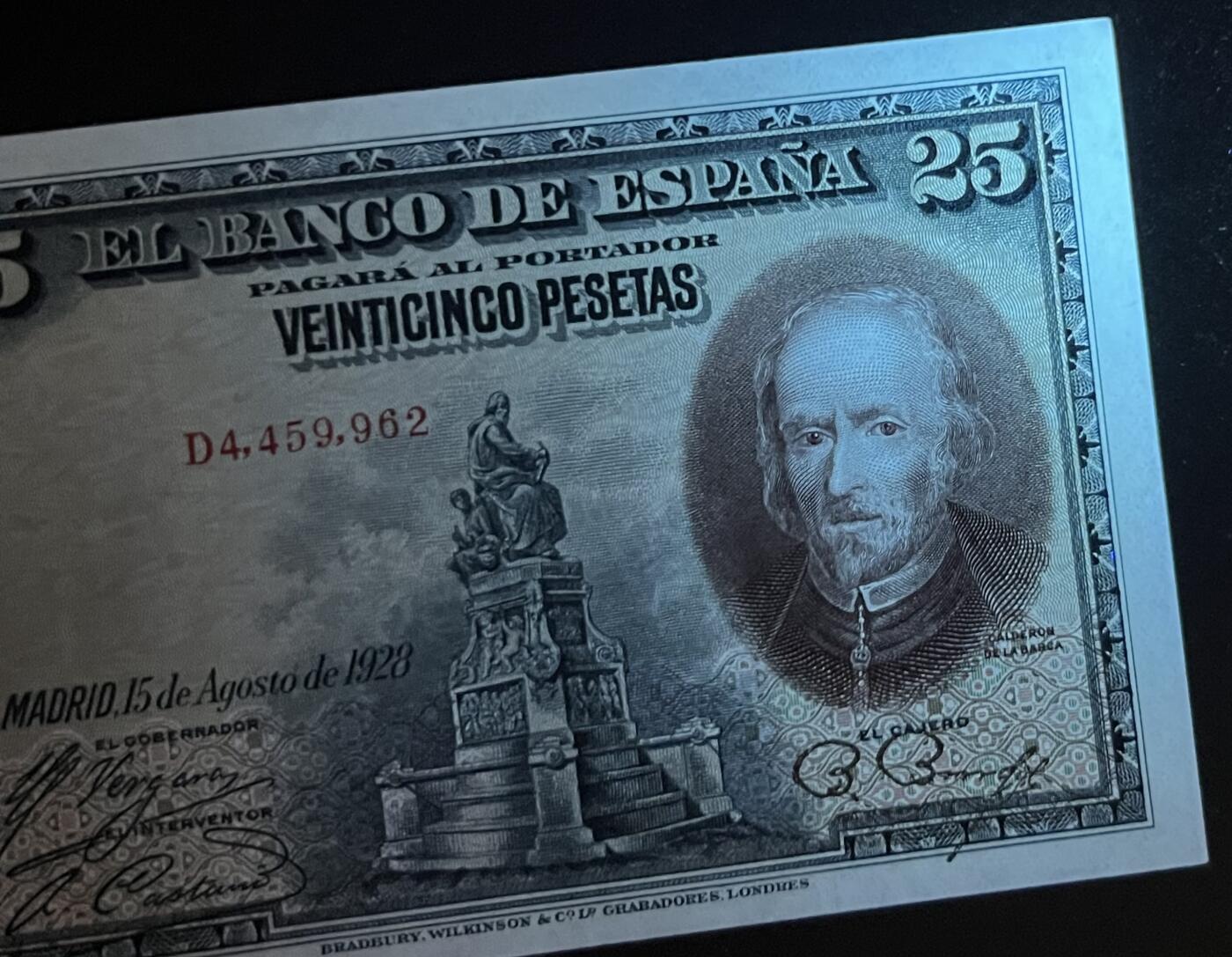 珑诚汇·乐淘淘 世界纸币拍卖 第32期 低佣场 『D4 459 962』西班牙1928年纸币 25比塞塔 轻微角钝 角轻微荧光反应 UNC