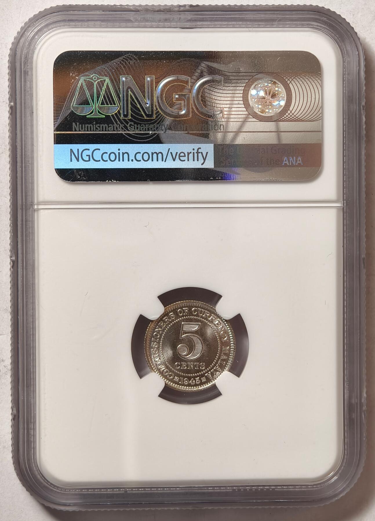 紫瑗钱币——第472期 马来亚 1945年 乔治六世 5分 银币 NGC MS64