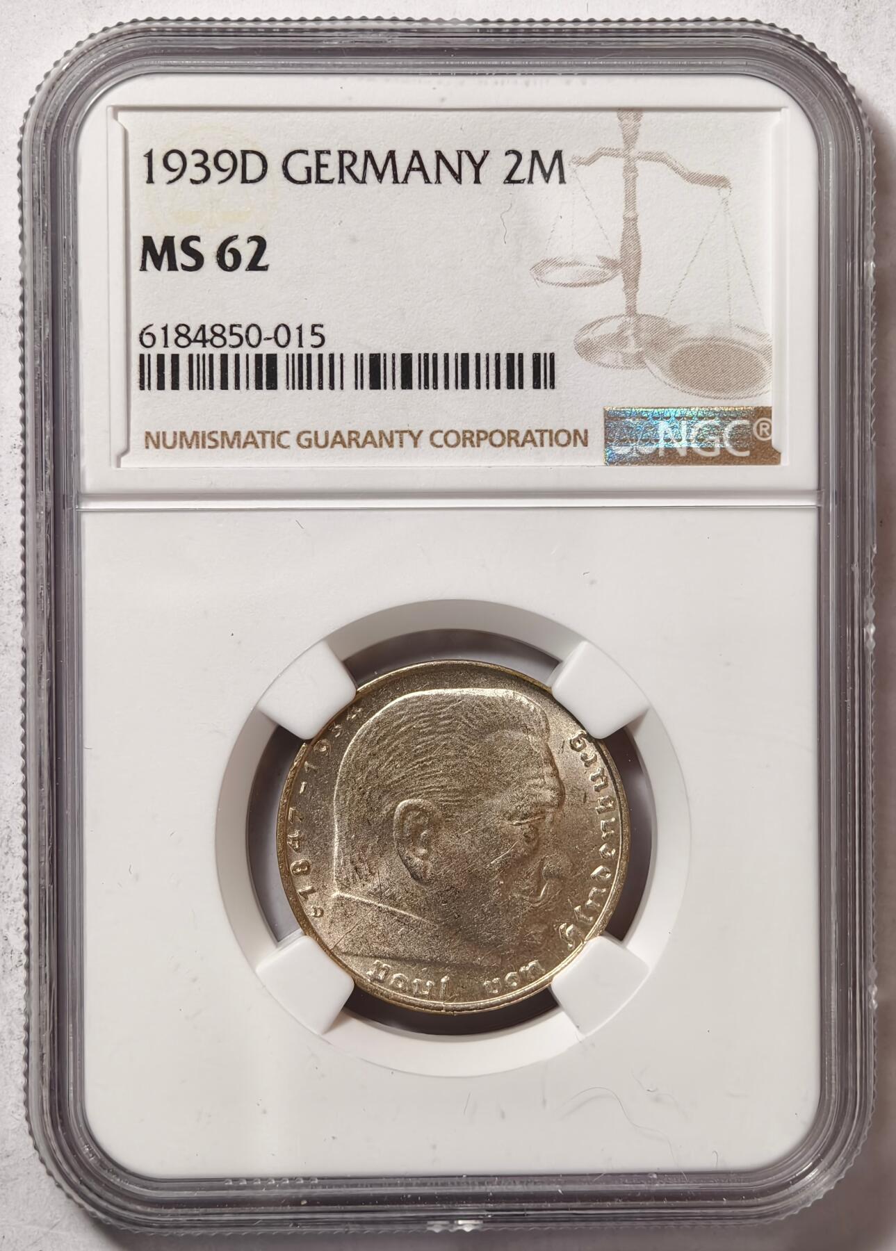 紫瑗钱币——第472期  德国 1939年 D版 兴登堡 字符 2马克 银币 NGC MS62