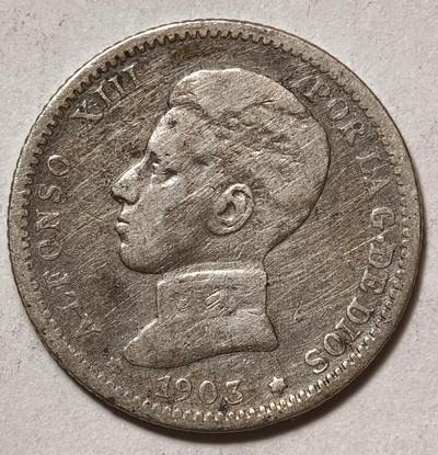 紫瑗钱币——第578期 - 西班牙 1903年 阿方索十三世 少年头 1比塞塔 5克 0.835银