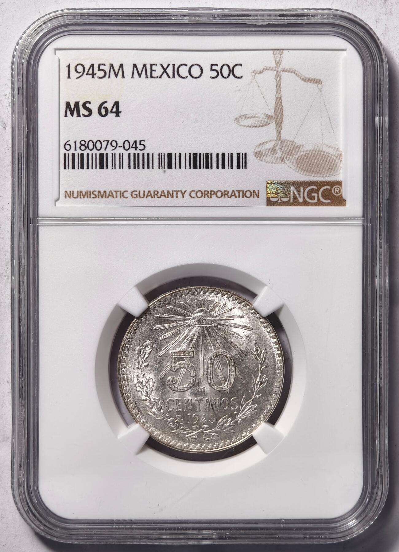 紫瑗钱币——第456期 墨西哥 1945年 M版 鹰洋 50分 银币 NGC MS64