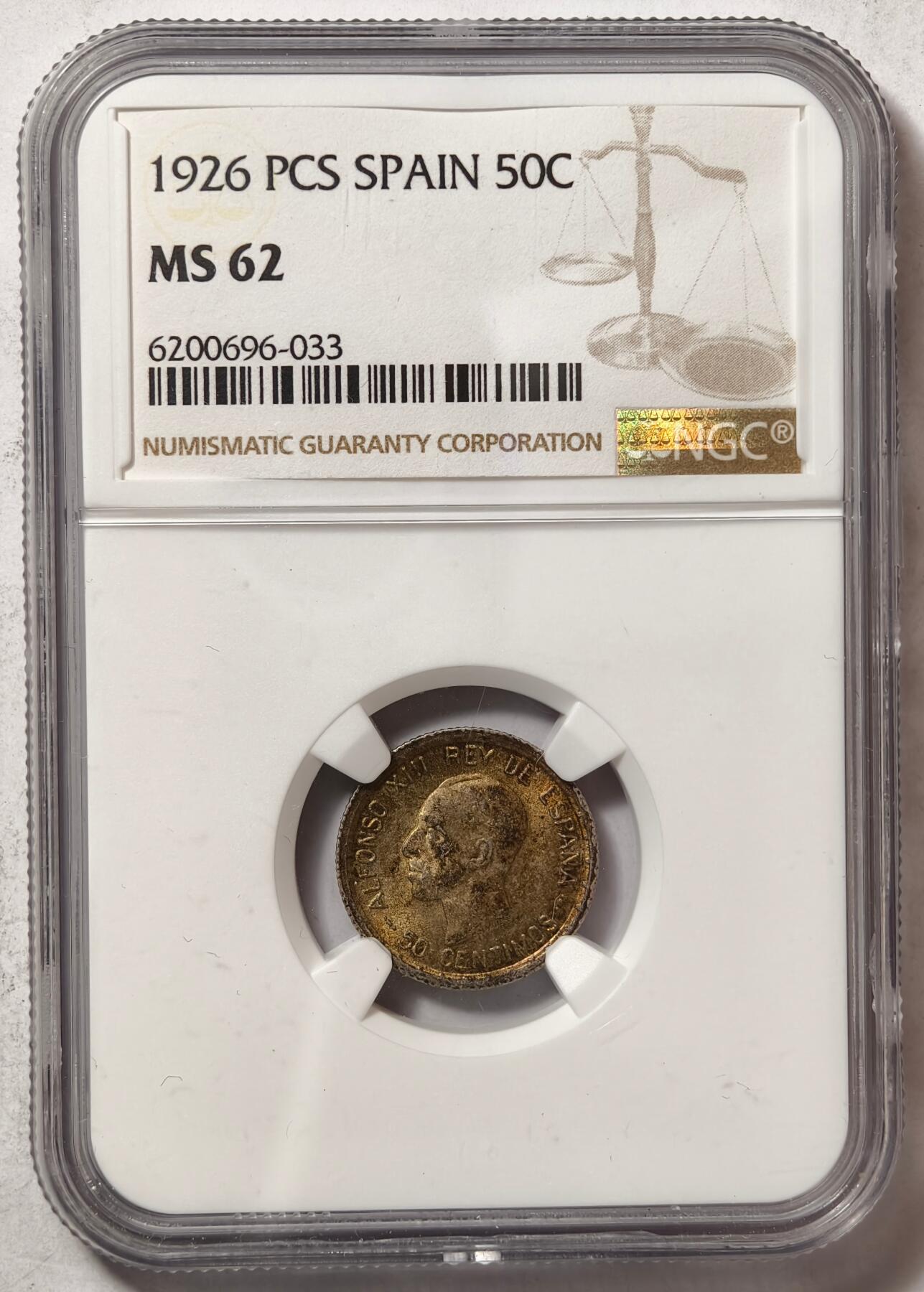紫瑗钱币——第472期 西班牙 1926年 阿方索十三世 50分银币 NGC MS62