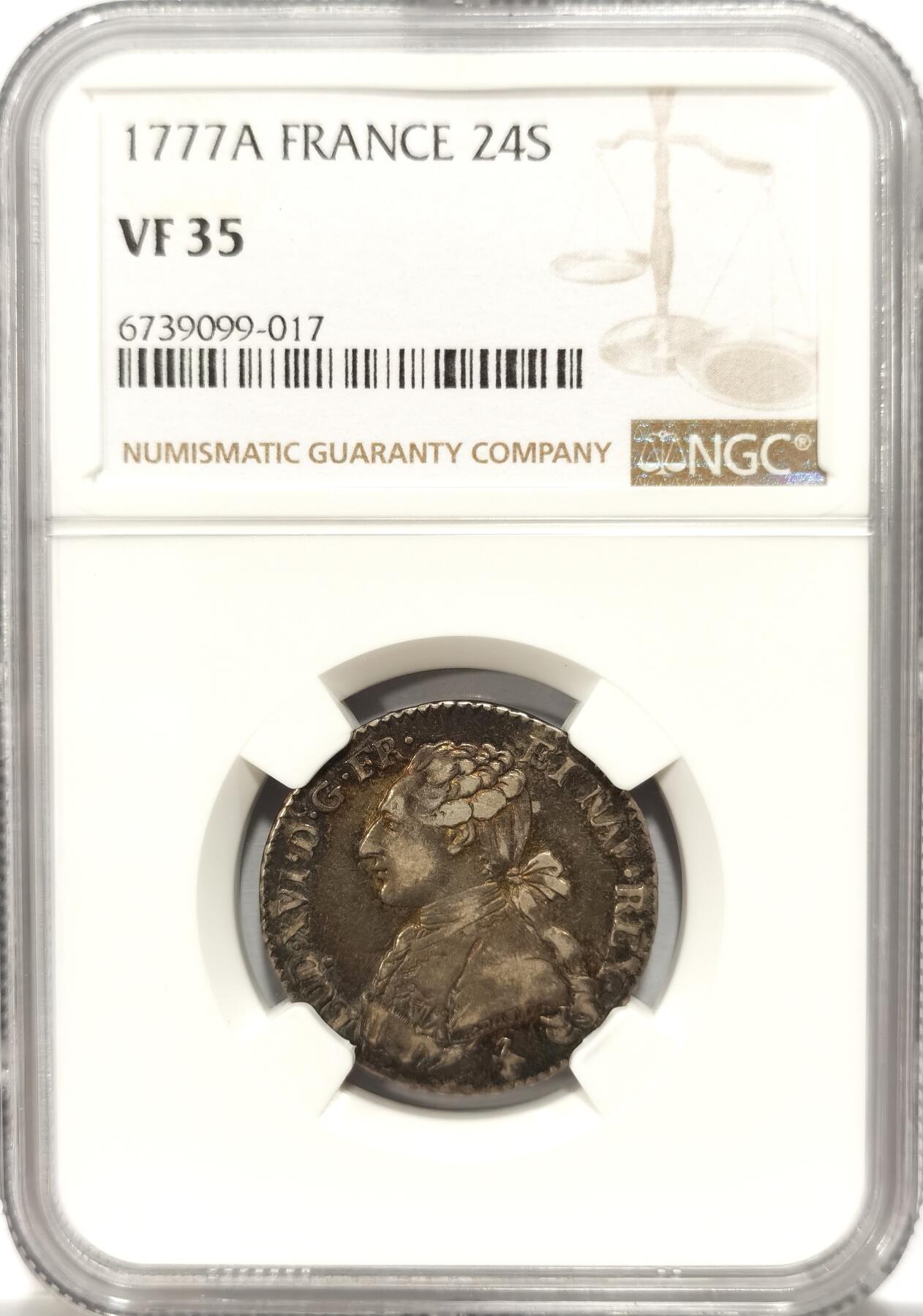 博洋堂世界钱币拍卖第099期（全场包邮） NGC VF35 法国1777A路易十六24索尔银币，唯一冠军分，大特年，发行量5010，克书都没有价格参考，十分稀少！